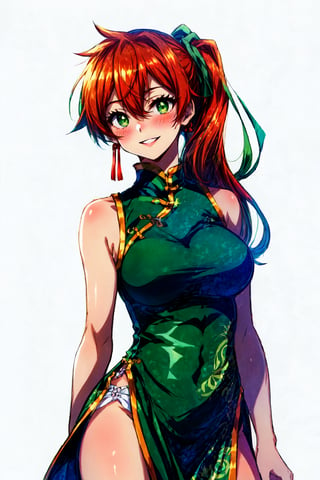 kendou itsuka, large breasts, bare shoulders, white background, green eyes, chinese clothes, dress, sleeveless, china dress, hair between eyes, 1girl, green dress, orange hair, sleeveless dress,side ponytail, blush, pelvic curtain, long hair, simple background, cowboy shot, solo,smile, parted lips