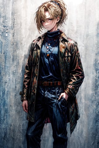 kugisaki nobara, jewelry, brown eyes, pants,standing, ponytail, black shirt, closed mouth, necklace, grey pants, solo, white background, hands in pockets, long sleeves, brown hair, open coat, shirt, open clothes, turtleneck, belt, black belt, coat, 1girl, brown coat, short hair, looking down