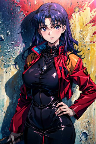 katsuragi_misato, huge_breasts, standing, solo, Misato_cross_necklace, black_pencil_dress_high_collar_red_jacket, masterpiece, best quality, detailed face, detailed eyes, highres,