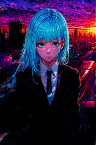 (masterpiece, best quality, hires, high resolution:1.2), extremely detailed, realistic, 1girl, miwaKasumi, light blue hair, long hair, blunt bangs, bsuit, black jacket, black tie, white shirt, black pants, sunset over city, rooftop, cinematic lighting, waist level shot, upper body, close-up, looking at viewer