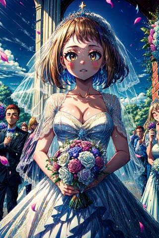 masterpiece, best quality, highres, hmochako, blush stickers, short hair, medium breasts, , wedding dress, holding bouquet, church, tiara, bridal veil,