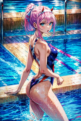 masterpiece, best quality, highres, ddzero2, long hair, ponytail, sidelocks, horns, hairband, collarbone, one-piece swimsuit, , from behind, thong, :o, looking at viewer, standing, poolside, ass