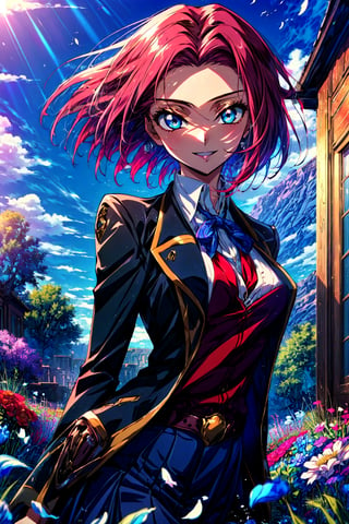 (best quality, masterpiece:1.3),kallencodegeass,(schooluniform:1.3), extremely detailed,solo,1girl,(colorful),(finely detailed beautiful eyes and detailed face),blue eyes,red hair,cinematic lighting,extremely detailed CG unity 8k wallpaper,solo,smile,(Flowery meadow) sky, cloudy_sky, sunlight, sun,(cowboy shot:1.3)