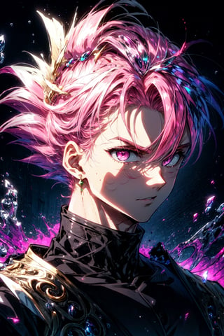 (masterpiece, best quality:1.2), intricate details, 8k uhd, soft lighting, 1boy, solo, spiked hair, pink hair, pink eyes, super saiyan, single earring, dougi