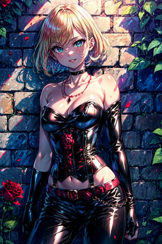 (masterpiece,best quality, detailed), 1girl, solo, outdoors, brick wall, against wall, (vines, rose, red rose), cowboy shot, smile, parted lips, elbow gloves, black choker, necklace, leather pants, corset, midriff, bare shoulders, knee boots, dutch angle, looking at viewer, Terrible_Tornado,