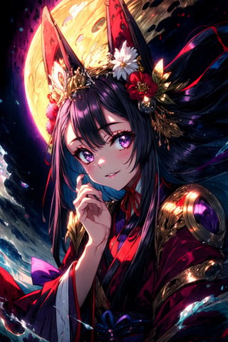 masterpiece,best quality,highres,cinematic lighting,dramatic angle,,1girl,animal ears,hair ornament,purple eyes,black hair,long hair,smile,parted lips,looking at viewer,japanese clothes,obi,wide sleeves,hand on own cheek,red topwear,purple skirt,portrait,from below,moon,close-up