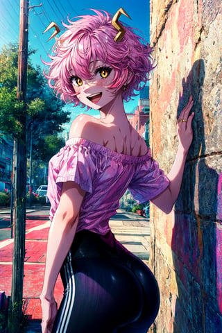 masterpiece, best quality, mina ashido, 1girl, solo, looking at viewer, smile, short hair, open mouth, yellow eyes, pink hair, horns, colored skin, colored sclera, black sclera, pink skin, v over eye, off shoulder shirt, collarbone, bare shoulders, yoga pants, ass, outdoors, 