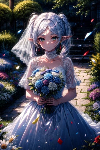 masterpiece, best quality, highres, aafrie, long hair, white hair, twintails, pointy ears, earrings, thick eyebrows, , wedding dress, white dress, garden, holding bouquet, confetti,