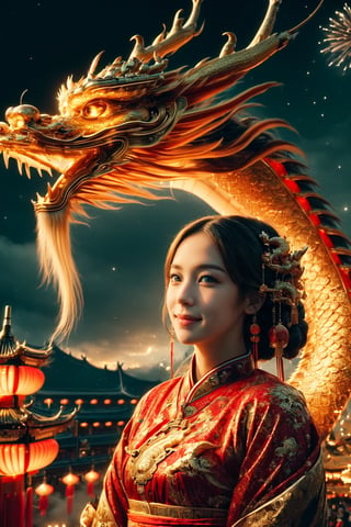 (masterpiece, high quality:1.5), Vibrant, detailed, high-resolution, artistic, majestic, magnificent, elaborate detail, awe-inspiring, splendid, celebratory, 
1 girl, China Tang Dynasty costumes, elegant, traditional, culturally rich, 
night sky, grand fireworks display, glowing red lanterns, cultural heritage, festive atmosphere, ancient cityscape, traditional architecture, 
(Giant golden dragon:1.1), flying dragon in the sky, large, majestic, overwhelming presence, by FuturEvoLab, historical, mythical, dynamic, visually striking, Exquisite face,