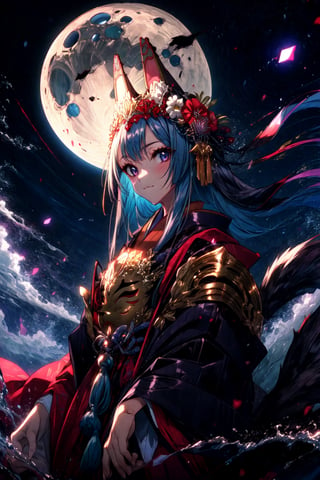 masterpiece,best quality,highres,cinematic lighting,dramatic angle,1girl, ,animal ears,japanese clothes,obi,looking at viewer,:3,mask,tails,long sleeves,fingernails,moon,night,hair ornament