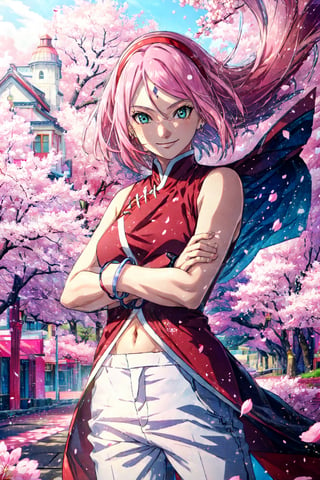 masterpiece, absurdres ,1girl, haruno sakura,forehead mark, red hairband, red sleeveless dress, white pants,navel,   groin,   bracelet, looking at viewer, crossed arms, smile, cherry blossoms, wind, floating hair, 