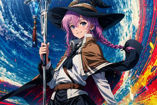 score_9, score_8_up, score_7_up, source_anime, solo, 1girl, roxy migurdia, smile, looking at viewer, holding staff, twin braids, witch hat, brown cape, shirt, long sleeves, black skirt