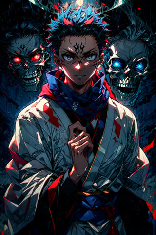 masterpiece,high quality,solo, patterned background, RyomenSukuna,1man, blue scarf,japanese clothes,white kimono,wide sleeves,long sleeves, obi, tabi,zouri, hell,shadow,shadowed face,skull,CLOUD