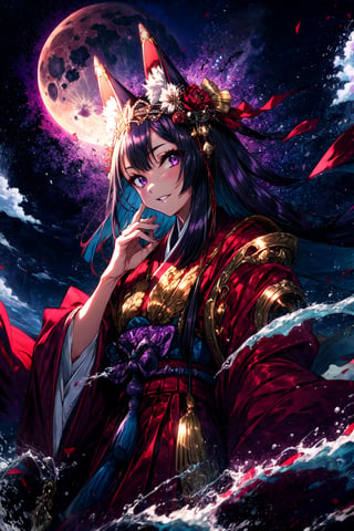 masterpiece,best quality,highres,cinematic lighting,dramatic angle,,1girl,animal ears,hair ornament,purple eyes,black hair,long hair,smile,parted lips,looking at viewer,japanese clothes,obi,wide sleeves,hand on own cheek,red topwear,purple skirt,portrait,from below,moon,close-up,CLOUD