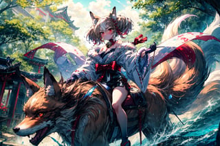 1girl , fox ears ,bangs , red eyes , multicolored hair , twintails , animal ear fluff ,brown hair , hair ornament ,neck bell , fox girl, fur trim,two-tone hair ,japanese clothes ,off shoulder ,bare shoulders, (long sleeves) , streaked hair ,blush , black gloves , tail ,white hair, fox tail , kimono ,wide sleeves , red bow , red ribbon ,multiple tails , red hair, hair ribbon, short hair , choker, sash , black shorts , rope, white kimono , fur-trimmed sleeves , tabi, black socks , gradient hair , v-shaped eyebrows, hair between eyes , obi , medium hair , grey hair , thick eyebrows , short twintails , strapless, shimenawa , outdoors , fur-trimmed kimono kitsune, cloth, satin, silk, fur, , (ridingmonster:1.3), (riding:1.3),riding fox monster, on top, (fox:1.3) detailed skin texture, (blush:0.5), (goosebumps:0.5), subsurface scattering,  , , beast village background, cinematic lighting, masterpiece,highres,extremely detailed CG unity 8k wallpaper, best quality, ultra-detailed,
