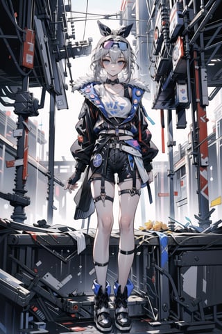 masterpiece, best quality, SilverwolfV5, 1girl, solo, looking at viewer, shirt, gloves, closed mouth, standing, jacket, full body, boots, shorts, choker, grey eyes, black gloves, fingerless gloves, black footwear, black jacket, black shorts, bandaid, eyewear on head, 