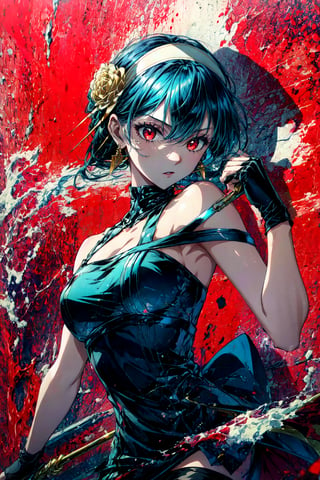 XUER Yor Forger,1girl,yor briar,red eyes,solo,dress,black hair,black dress,breasts,gloves,red background,holding,fingerless gloves,large breasts,holding weapon,black gloves,thighhighs,pantyhose,looking at viewer,blood,earrings,hairband,jewelry,bare shoulders,hair ornament,two-sided dress,sleeveless,armpits,dual wielding,flower,A shot with tension,(Visual impact,giving the poster a dynamic and visually striking appearance:1.2),impactful picture,(masterpiece, best quality:1.2),offcial art,movie perspective,advertising style,magazine cover,very aesthetic,disheveled hair,very aesthetic,illustration,disheveled hair,perfect composition,moist skin,intricate details,