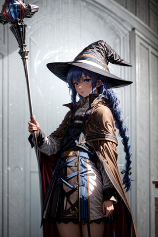 masterpiece, best quality, ,1girl,witch hat,blue hair,very long hair,twin braid,hair ribbon,blue eyes,brown cape,long sleeves, black skirt,staff,holding staff, grey background,