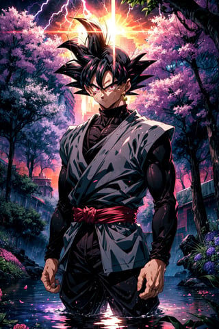 a handsome man, Goku Black,  spiked hair, pink hair, pink eyes, super saiyan, single earring, gentleman, luxurious clothing, black hair, short haircut, standing in the water, chaotic world, electric storms, flowers on the trees, sunset, masterpiece, intricate and elaborate details,