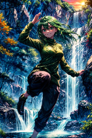((best quality)), ((highly detailed)), masterpiece, absurdres, extremely detailed face, beautiful face, (detailed eyes, deep eyes), , (1girl), dynamic pose, full body}, , tsuyu, ((green hair)), very long hair, black eyes, :>:1.2, medium breasts, smiling, , green ((sweater)), long sleeves, black sweatpants, black shoes, (outdoors, at a waterfall, morning, sunrise)