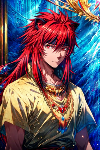 masterpiece, best quality, game cg, 1boy, solo, male focus, looking at viewer, upper body, depth of field, , guy_crimson, red eyes, red hair, long hair, , Narnia: A land of talking animals and magical creatures, ruled by Aslan the lion,