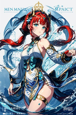 nilou \(genshin impact\), 1woman, masterpiece, best quality, high quality, fair skin, bright red hair that is shoulder-length in front and goes past her hips at the back and light aqua eyes color,hair is tied loosely at the back into low twin tails. She sports a long white veil with blue embroidery stylized with gold and black horns, golden tassels, and a large gold head accessory somewhat resembling a crown, ((light green mini tent dress, bare_shoulders, medium breast, breasts, chest open, scoop neckline, nails, perfect nails shape, standing in front of big water fountain png, ultra background details, breast focus, medium shot, upper_body 