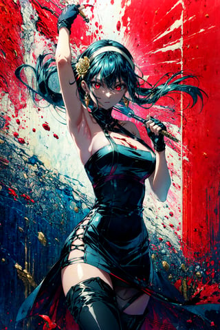 XUER Yor Forger,1girl,yor briar,red eyes,solo,dress,black hair,black dress,breasts,gloves,red background,holding,fingerless gloves,large breasts,holding weapon,black gloves,thighhighs,pantyhose,looking at viewer,blood,earrings,hairband,jewelry,bare shoulders,hair ornament,two-sided dress,sleeveless,armpits,dual wielding,flower,A shot with tension,(Visual impact,giving the poster a dynamic and visually striking appearance:1.2),impactful picture,(masterpiece, best quality:1.2),offcial art,movie perspective,advertising style,magazine cover,very aesthetic,disheveled hair,very aesthetic,illustration,disheveled hair,perfect composition,moist skin,intricate details,