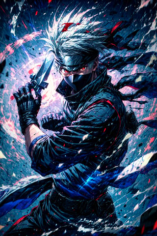 kakashi, male focus, ninja, red eyes, weapon, gloves, holding, multiple boys, solo focus, looking at viewer, pouch, 1boy, holding weapon, kunai, long sleeves