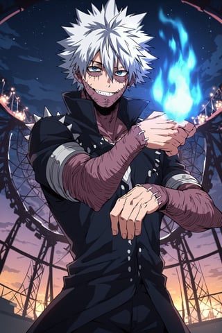 score_9, score_8_up, score_7_up, source_anime, rating_safe, , , looking at viewer, depth of field, 1boy, solo, male focus, , dabi_bnha, white hair, blue eyes, short hair, spiked hair, hair between eyes, bangs, scar, burn scar, scar on face, piercing, stitches, , teeth, smile, blue fire, wide angle, wide shot, cowboy shot, amusement park, carousel, ferris wheel, night, crescent moon, (pose), happy,