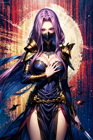 ((MedGorg)), gorgon \(fate\), slit pupils, looking at viewer, hair flowing over, huge breasts, a woman with a sword in her hand, dark phantasy, wallpaper for monitor, royal bird, loundraw, glorious long purple hair, wearing bullet-riddled armor, masked female violinists, no watermark signature, pharaoh, brawl, illustration - n 9, clear image, gwyn