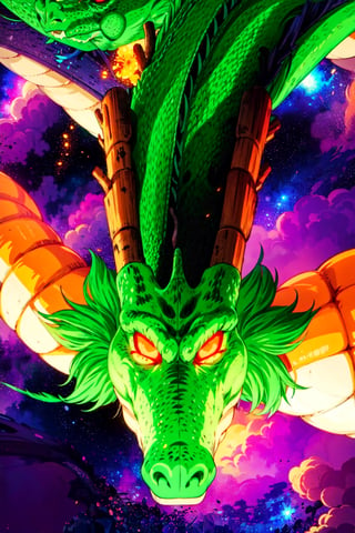 wyrm,shenlong, oriental dragon, glowing eyes, shiny, galaxy, sharps theet, long whiskers, purple hair, floating debris, looking_at_viewer, asymetric, intrincate details, realistic, ,r1ge, close up, yellow sky, yellow clouds, flying, raining,fantasy00d,CLOUD