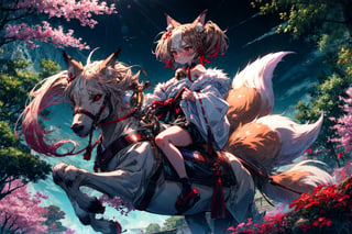 1girl , fox ears ,bangs , red eyes , multicolored hair , twintails , animal ear fluff ,brown hair , hair ornament ,neck bell , fox girl, fur trim,two-tone hair ,japanese clothes ,off shoulder ,bare shoulders, (long sleeves) , streaked hair ,blush , black gloves , tail ,white hair, fox tail , kimono ,wide sleeves , red bow , red ribbon ,multiple tails , red hair, hair ribbon, short hair , choker, sash , black shorts , rope, white kimono , fur-trimmed sleeves , tabi, black socks , gradient hair , v-shaped eyebrows, hair between eyes , obi , medium hair , grey hair , thick eyebrows , short twintails , strapless, shimenawa , outdoors , fur-trimmed kimono kitsune, cloth, satin, silk, fur, , (ridingmonster:1.3), (riding:1.3),riding fox monster, on top, (fox:1.3) detailed skin texture, (blush:0.5), (goosebumps:0.5), subsurface scattering,  , , beast village background, cinematic lighting, masterpiece,highres,extremely detailed CG unity 8k wallpaper, best quality, ultra-detailed,