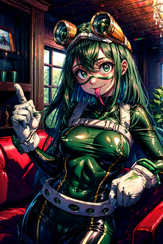 ((best quality)), ((highly detailed)), masterpiece, absurdres, (detailed eyes, deep eyes), (1girl), multiple views, upper body}, , tsuyu, ((green hair)), very long hair, black eyes, :>:1.2, medium breasts, smiling, (tongue out, , ((green bodysuit)), superhero, skin tight, latex, covered nipples, camel toe, goggles on head, white belt, white gloves, thigh boots, (indoors, at a living room)