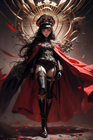 (masterpiece,oda_smoll, hat,cape, red eyes, military uniform,black hair, best quality, photorealistic,  beautiful and aesthetic:1.3), (1girl:1.2) , [skeleton], [mechanical], (dynamic pose:1.2), bangs, black roses, thorns, wires, Caples, mask, ( zentangle:1.2), dangerous, serious, awe inspiring,  (abstract background:1.1), kinetic art, elegance, delicacy, long black hair, neon eyes, ethereal background,full body, ,oda_smoll,midjourney