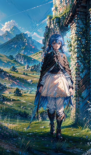 best quality, (masterpiece:1.2), detailed,,1girl, solo, closed mouth, light smile,twin braids, long hair, blue hair, ahoge, blue eyes,white dress, neck ribbon, black ribbon, black skirt, brown cape,standing, looking at the viewer,outdoors, grass, tree, mountain