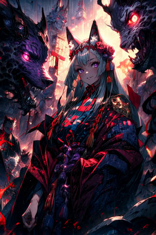 masterpiece,best quality,highres,cinematic lighting,dramatic angle,,1girl,animal ears,hair ornament,purple eyes,white hair,long hair,shaded face,evil smile,parted lips,looking at viewer,cowboy shot,japanese clothes,obi,wide sleeves,burning village,blood,(pile of corpses:1.2),red topwear,purple skirt