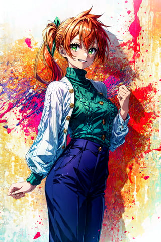 kendou itsuka, 1girl,solo,orange hair, long hair, side ponytail, green eyes, smile, parted lips, happy,Cropped Aran sweater layered over a button-down shirt with high-waisted trousers and loafers