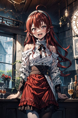 best quality, (masterpiece:1.2), detailed,,1girl, solo, open mouth, smile,long hair, red hair, ahoge, red eyes, black hairband,white dress, bare shoulders, neck ribbon, black ribbon, dark brown skirt, long sleeves, (white pantyhose:1.2),standing, looking at the viewer,indoors, window