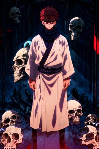 masterpiece,high quality,solo, , RyomenSukuna,1man, blue scarf,japanese clothes,white kimono,wide sleeves,long sleeves, obi, tabi,zouri, hell,shadow,shadowed face,skull,animal skull,red background,CLOUD