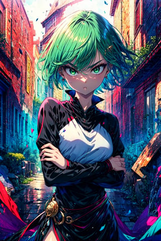 TatsumakiOPM, Green eyes, green hair, short hair, Beautiful, elegant, cowboy shot, crossed arm, pout expression, black tight clothes, long sleeves, random background, (masterpiece:1.3), (vibrant:1.2), best quality, cinematic