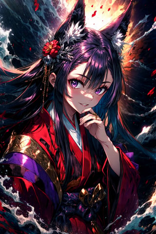 masterpiece,best quality,highres,cinematic lighting,dramatic angle,,1girl,animal ears,hair ornament,purple eyes,black hair,long hair,smile,parted lips,looking at viewer,cowboy shot,japanese clothes,obi,wide sleeves,burning village,blood,sleeves past wrists,hand on own cheek,red topwear,purple skirt,portrait
