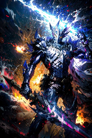 asterpiece,best quality,highres,cinematic lighting,dramatic angle,1boy,dark blue armor,maskedform,helmet,blue fire,holding flaming sword,looking at viewer,,spikes,fangs,glowing yellow eyes,showing strength,ghost,souls,action pose,dynamic pose,dynamic angle,spikes,dark flame,extremeley detailed,grab pose,,weapon over shoulder,