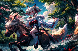 1girl , fox ears ,bangs , red eyes , multicolored hair , twintails , animal ear fluff ,brown hair , hair ornament ,neck bell , fox girl, fur trim,two-tone hair ,japanese clothes ,off shoulder ,bare shoulders, (long sleeves) , streaked hair ,blush , black gloves , tail ,white hair, fox tail , kimono ,wide sleeves , red bow , red ribbon ,multiple tails , red hair, hair ribbon, short hair , choker, sash , black shorts , rope, white kimono , fur-trimmed sleeves , tabi, black socks , gradient hair , v-shaped eyebrows, hair between eyes , obi , medium hair , grey hair , thick eyebrows , short twintails , strapless, shimenawa , outdoors , fur-trimmed kimono kitsune, cloth, satin, silk, fur, , (ridingmonster:1.3), (riding:1.3),riding fox monster, on top, (fox:1.3) detailed skin texture, (blush:0.5), (goosebumps:0.5), subsurface scattering,  , , beast village background, cinematic lighting, masterpiece,highres,extremely detailed CG unity 8k wallpaper, best quality, ultra-detailed,