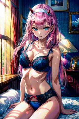 masterpiece, best quality, highres, aazero2, long hair, horns, hairband, , lingerie, bra, panties, room, bed