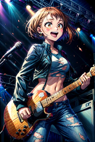 masterpiece, best quality, highres, hmochako, blush stickers, short hair, medium breasts, , black jacket, long sleeves, crop top, navel, torn jeans, singing, open mouth, smile, stage, holding instrument, guitar