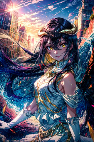 ((best quality)), ((highly detailed)), masterpiece, absurdres, (detailed eyes, deep eyes), (1girl), dynamic pose, cowboy shot, ((wide shot)), , albedow, black hair, long hair, , snake eyes, yellow eyes, horns, albedowings, medium breasts, smiling, white dress, white elbow gloves, (outdoors, at a floating island, afternoon)