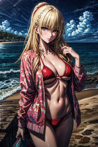 ((masterpiece, best quality, high quality, highres)):1.2, outdoors, beach bikini, red bikini, Rose, blonde hair, hair over shoulder,