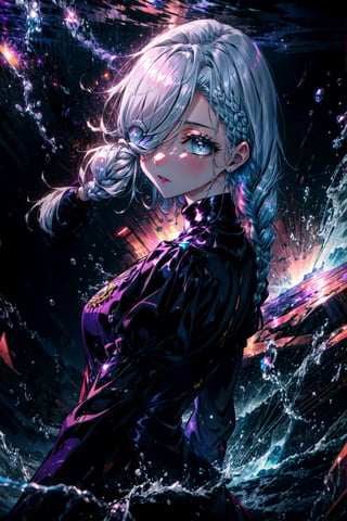 mei mei, long hair, very long hair, braid, (hair over one eye:1.5), braided ponytail, one eye covered, braided bangs, (purple eyes:1.1), BREAK long sleeves, dress, puffy sleeves, black dress, juliet sleeves, turtleneck dress, BREAK looking at viewer, upper body, full body, (masterpiece:1.2), best quality, high resolution, unity 8k wallpaper, (illustration:0.8), (beautiful detailed eyes:1.6), extremely detailed face, perfect lighting, extremely detailed CG, (perfect hands, perfect anatomy),