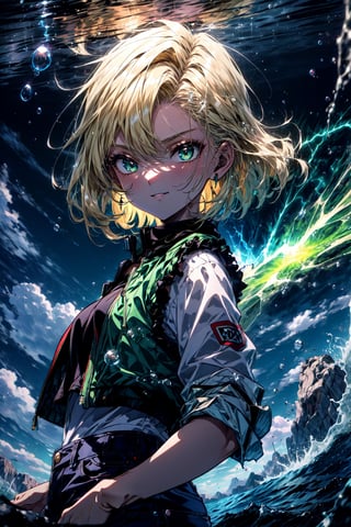(best quality), (masterpiece),(ultra-detailed:1.2),close up,from above, 1girl, smirk, flying,girl in sky,  ,Android18DB,medium hair,blonde hair, black shirt,jeans,vest,open jacket,,white sleeves, (girl inside a huge bubble:1.1),  ,bubble,clouds,sky, (electrified:1.2),(green lightning:1.1),green light, green aura, ,  ,  , dark theme,