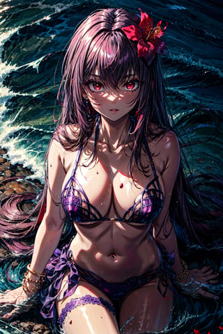 scathach, , scathach, long hair, purple hair, (red eyes:1.5), BREAK bare shoulders, bikini, bracelet, bridal garter, cleavage, collarbone, flower, hair flower, hair ornament, hibiscus, jewelry, navel, purple bikini, sarong, swimsuit, thighs, BREAK outdoors, beach, BREAK looking at viewer, BREAK , (masterpiece:1.2), best quality, high resolution, unity 8k wallpaper, (illustration:0.8), (beautiful detailed eyes:1.6), extremely detailed face, perfect lighting, extremely detailed CG, (perfect hands, perfect anatomy),